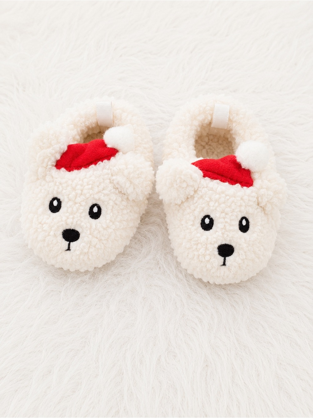 Cozy Bear Pom-Pom Slippers in Cream and Red